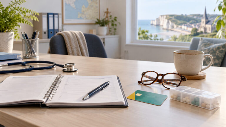Carnet de suivi, lunettes et documents de santé sur un bureau médical lumineux en Normandie