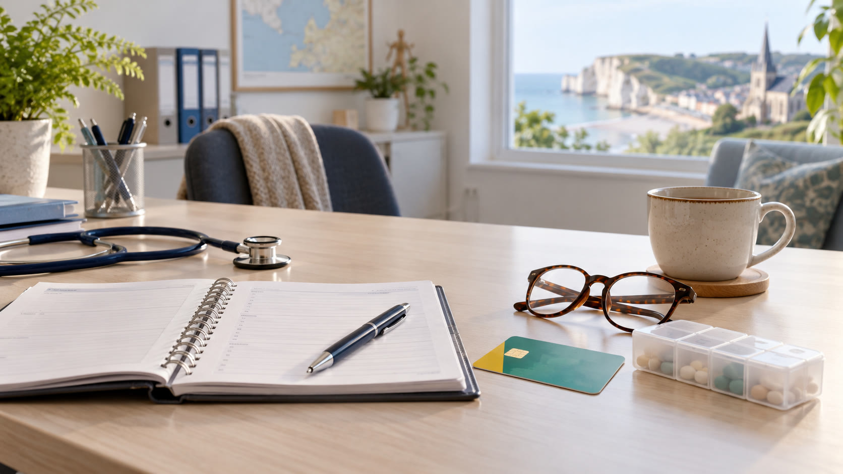Carnet de suivi, lunettes et documents de santé sur un bureau médical lumineux en Normandie